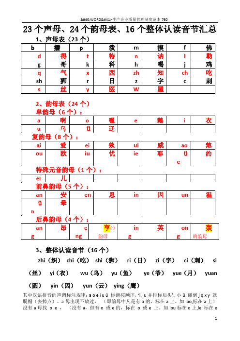 23个声母、24个韵母表、16个整体认读音节汇总-韵母表24个