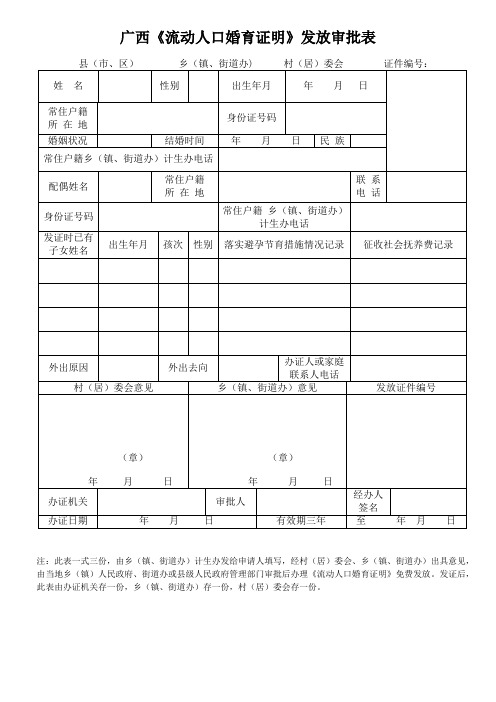 广西《流动人口婚育证明》发放审批表