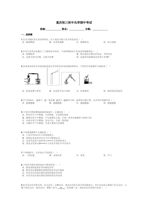 重庆初三初中化学期中考试带答案解析
