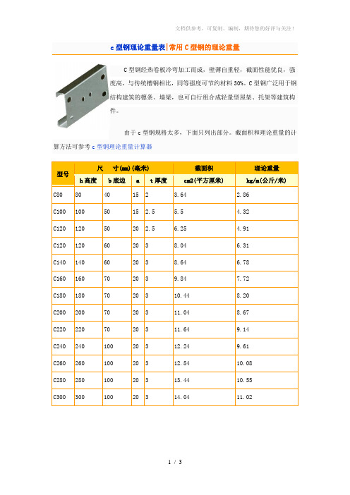 c型钢理论重量表、常用C型钢的理论重量