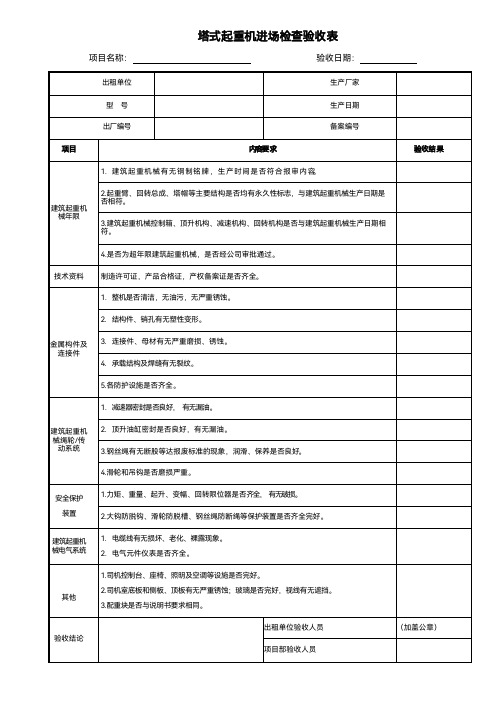 塔式起重机进场检查验收表模板