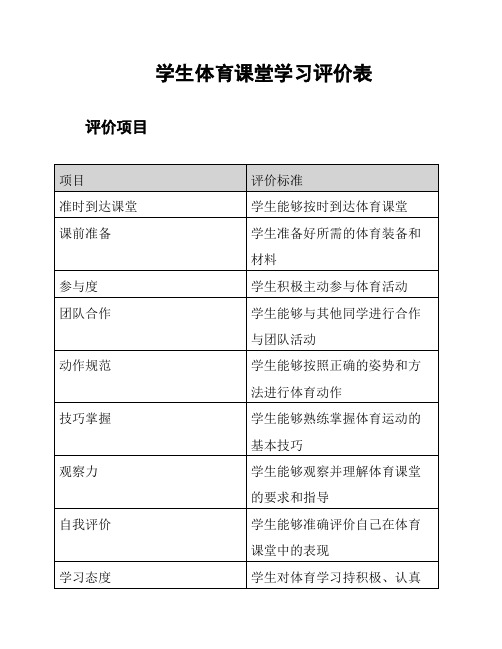 学生体育课堂学习评价表