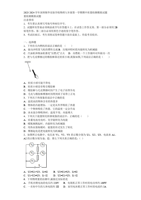 2023-2024学年深圳锦华实验学校物理九年级第一学期期中质量检测模拟试题含解析