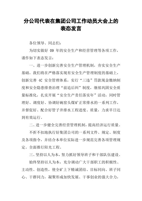 分公司代表在集团公司工作动员大会上的表态发言