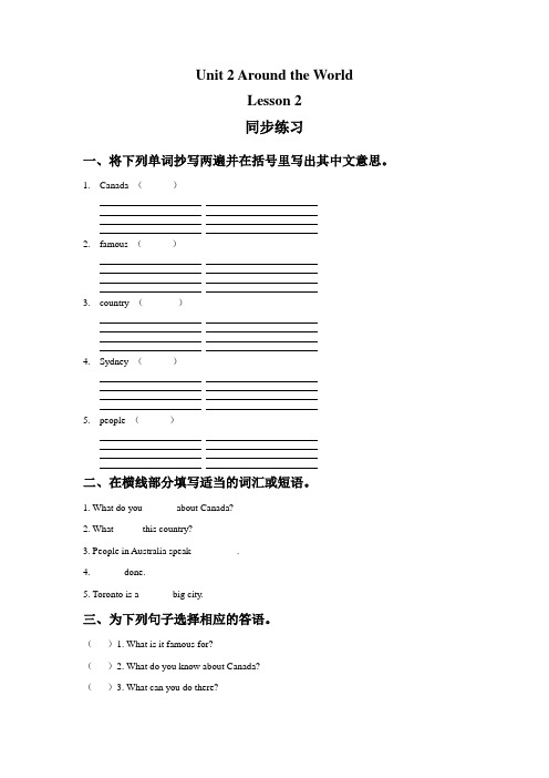 人教新起点六年级英语上册Unit 2 Around the World Lesson 2 同步练习2