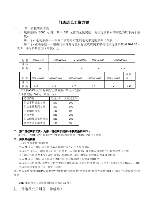 门店店长绩效工资方案