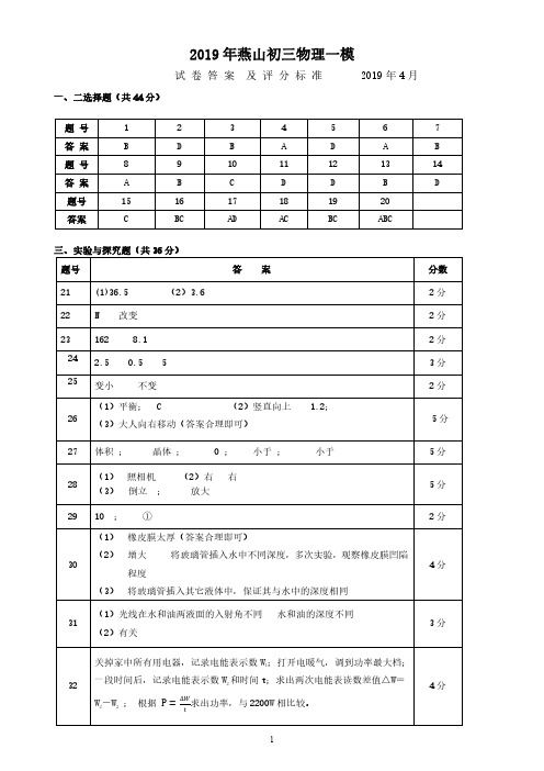 2019年燕山初三物理一模试卷答案