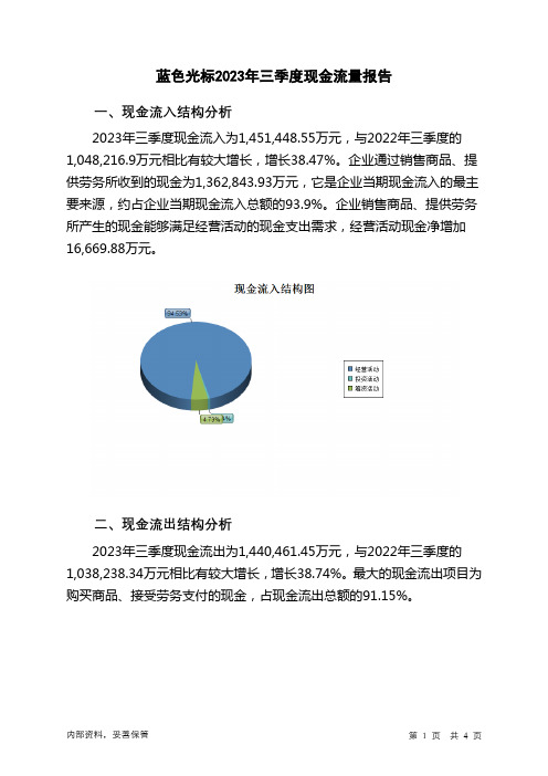 300058蓝色光标2023年三季度现金流量报告