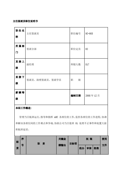 航空物流公司主任签派员职位说明书及关键绩效标准