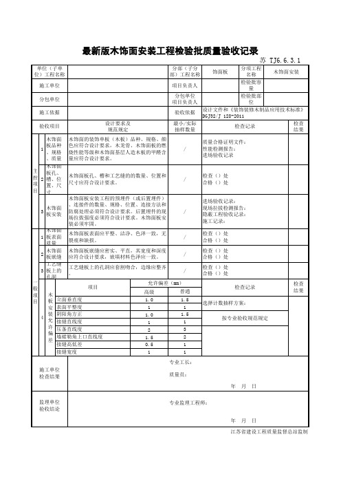 最新版建筑工程木饰面安装工程检验批质量验收记录