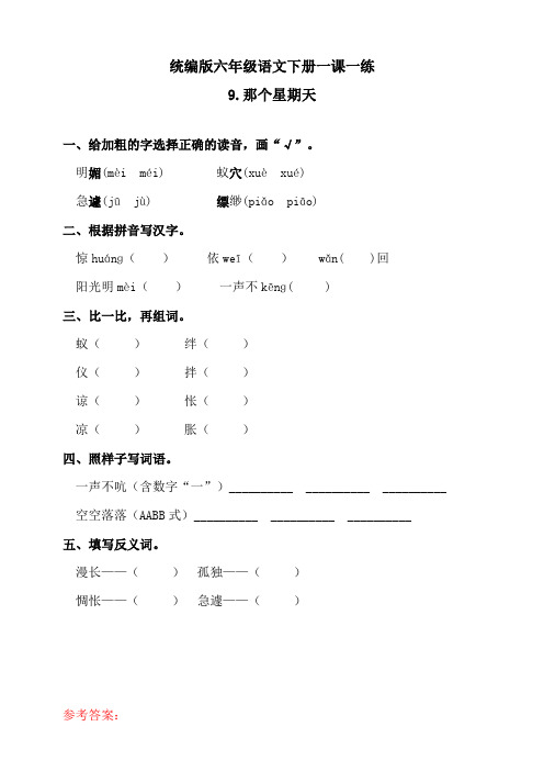 部编版六年级语文下册：人教语文-9那个星期天练习题(含答案)