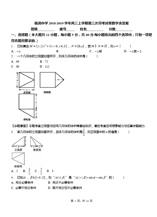 临洮中学2018-2019学年高三上学期第三次月考试卷数学含答案