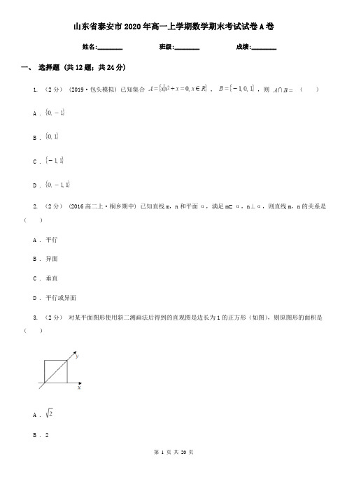 山东省泰安市2020年高一上学期数学期末考试试卷A卷