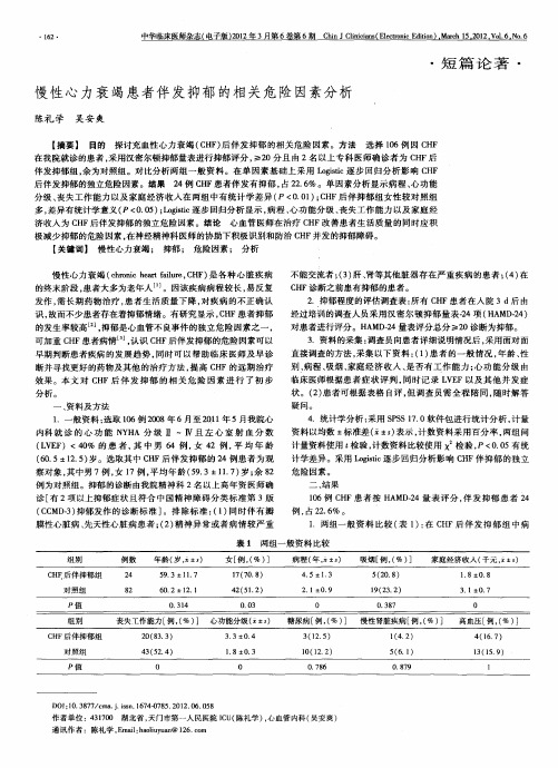 慢性心力衰竭患者伴发抑郁的相关危险因素分析