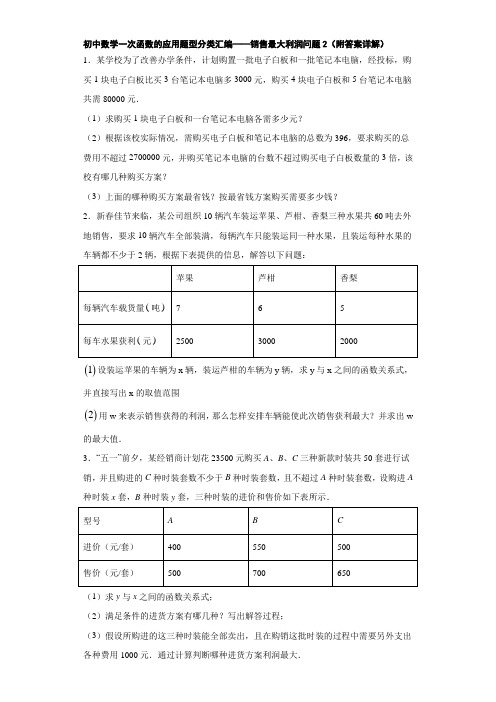 初中数学一次函数的应用题型分类汇编——销售最大利润问题2(附答案详解) (1)