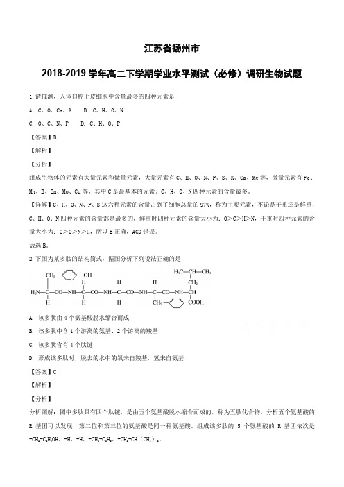 江苏省扬州市2018-2019学年高二下学期学业水平测试(必修)调研生物试题(含解析)