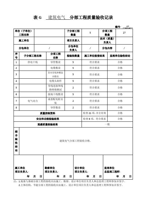 表G-建筑电气-分部工程质量验收记录