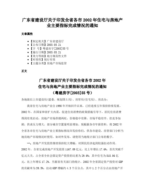 广东省建设厅关于印发全省各市2002年住宅与房地产业主要指标完成情况的通知