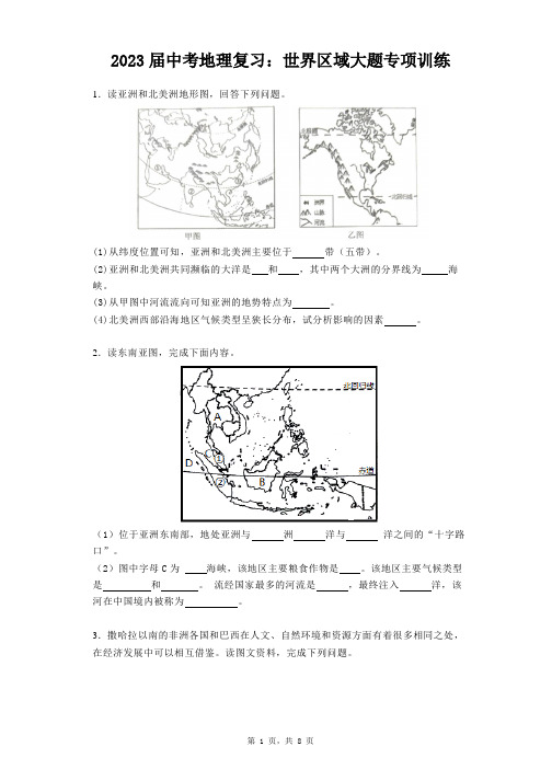 2023年中考地理复习：世界区域大题专项训练 (1)