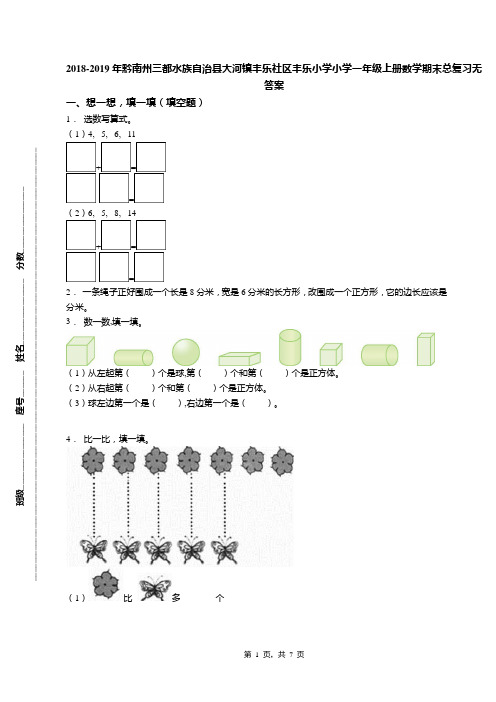 2018-2019年黔南州三都水族自治县大河镇丰乐社区丰乐小学小学一年级上册数学期末总复习无答案