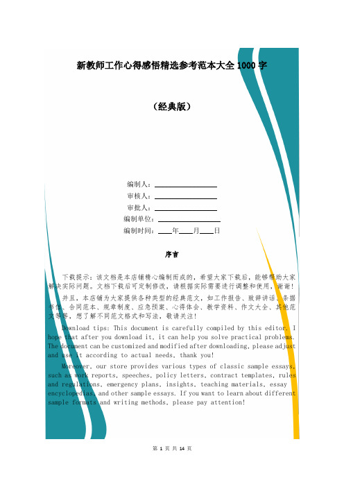 新教师工作心得感悟精选参考范本大全1000字