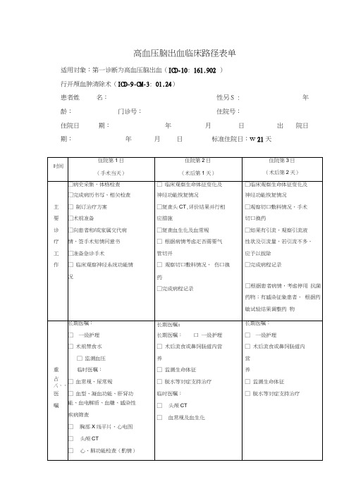 高血压脑出血临床路径表单