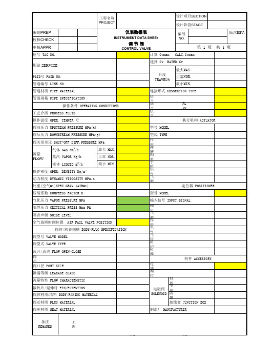 费希尔FISHER控制阀选型参数表