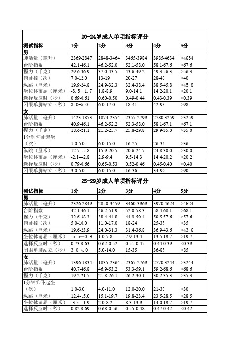 体质测试评价标准