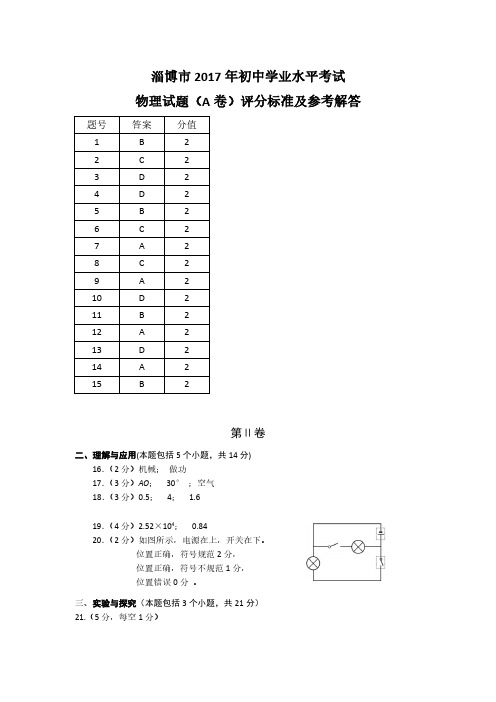 2017山东淄博中考物理试题A卷【答案】