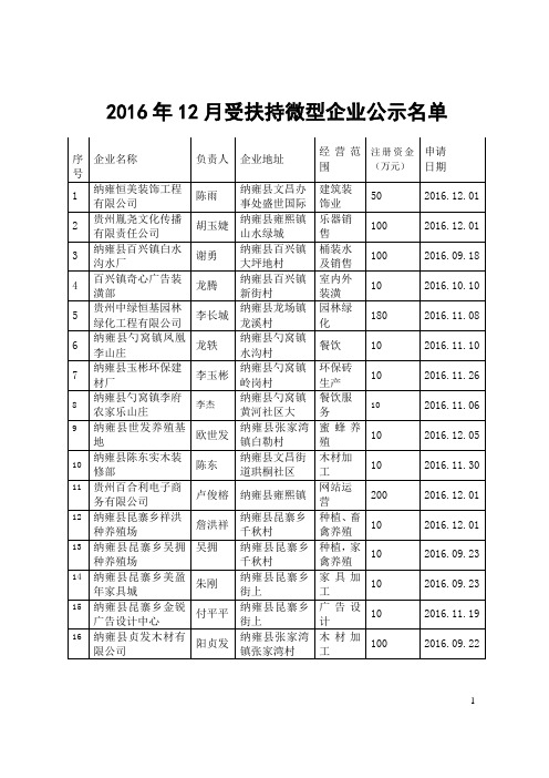 2016年12月受扶持微型企业公示名单