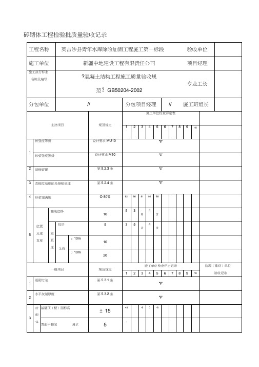 砖砌体工程检验批质量验收记录表