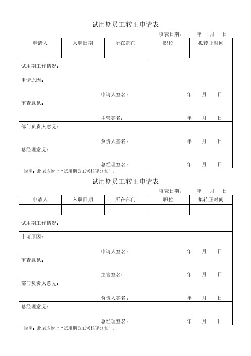 试用期员工转正申请表格模板(可修改文档)