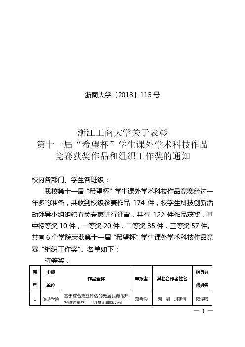 修正：表彰第十一届“希望杯” 学生课外学术科技作品竞赛获奖作品