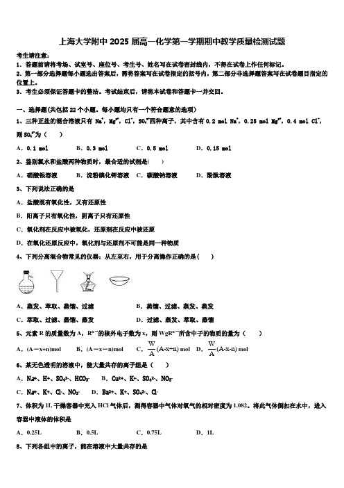 上海大学附中2025届高一化学第一学期期中教学质量检测试题含解析