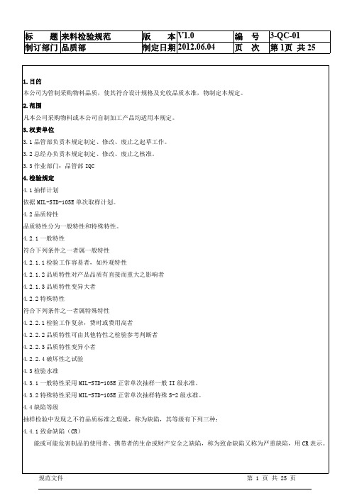 IQC来料检验规范标准书 分类 