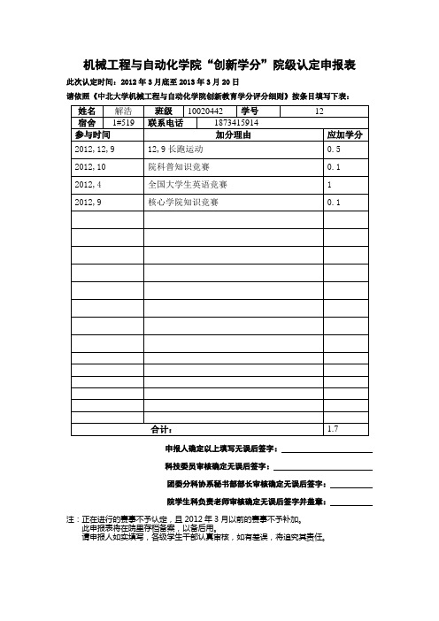 个人创新学分认定表