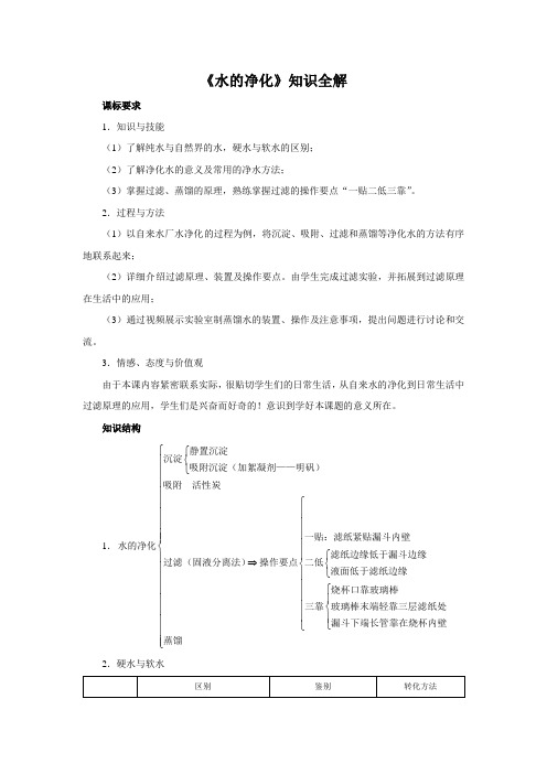 人教版九年级化学上册《水的净化》知识全解