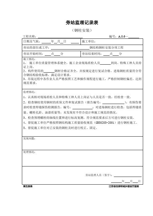 旁站监理记录表(钢柱安装)