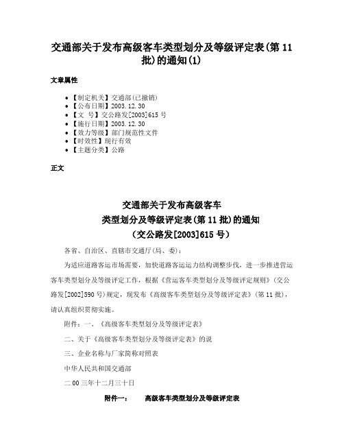 交通部关于发布高级客车类型划分及等级评定表(第11批)的通知(1)