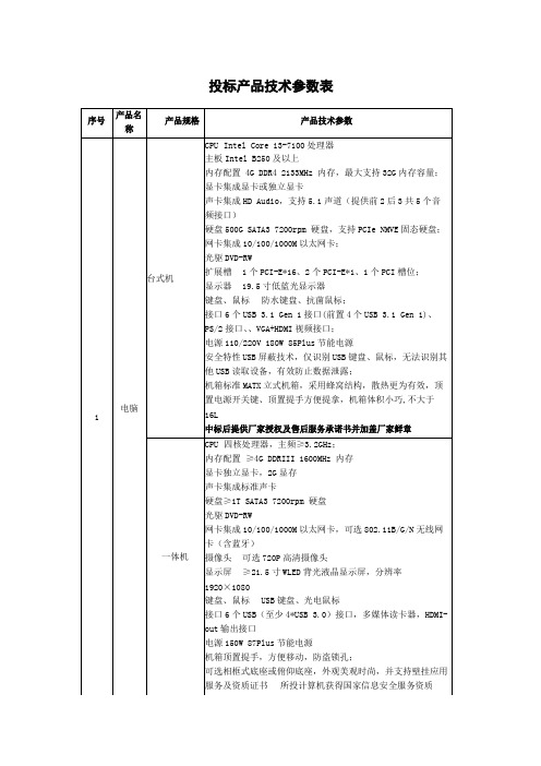 投标产品技术参数表