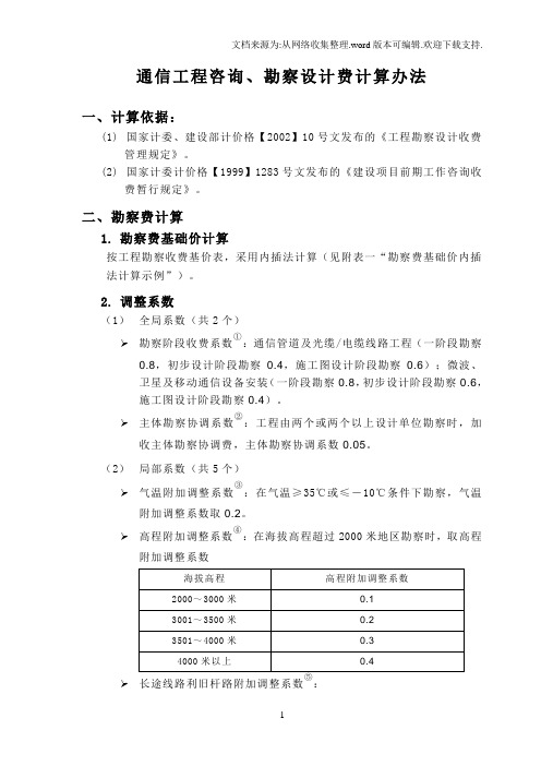 通信工程咨询、勘察设计费计算办法