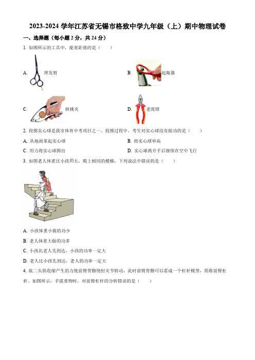 精品解析：江苏省无锡市太湖格致中学2023-2024学年九年级上学期期中考试物理试题(原卷版)