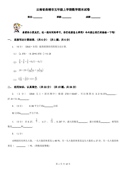 云南省曲靖市五年级上学期数学期末试卷