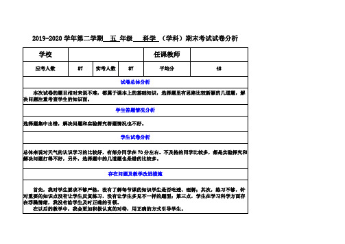 XX学校五年级科学期末考试试卷分析及应对措施