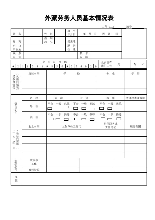 外劳简历表(样本)