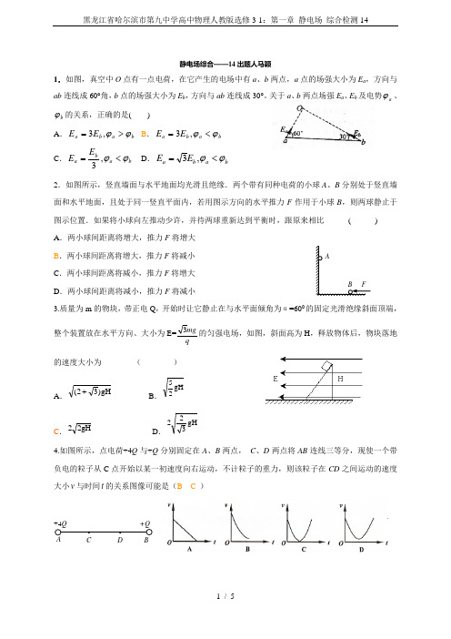 黑龙江省哈尔滨市第九中学高中物理人教版选修3-1：第一章 静电场 综合检测14