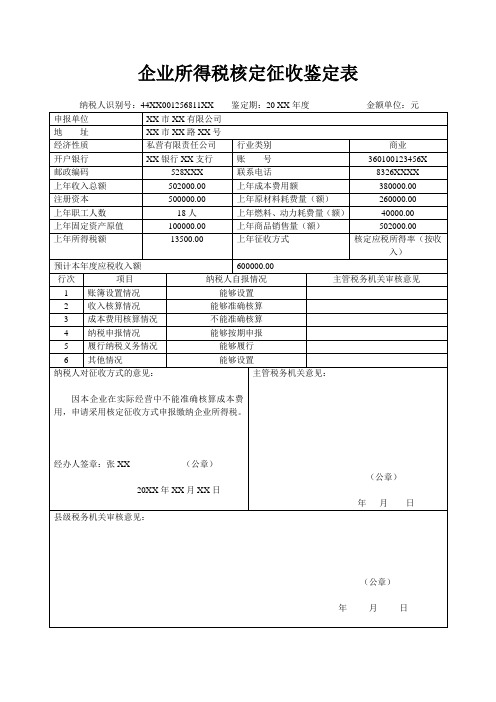 (样版)企业所得税核定征收鉴定表