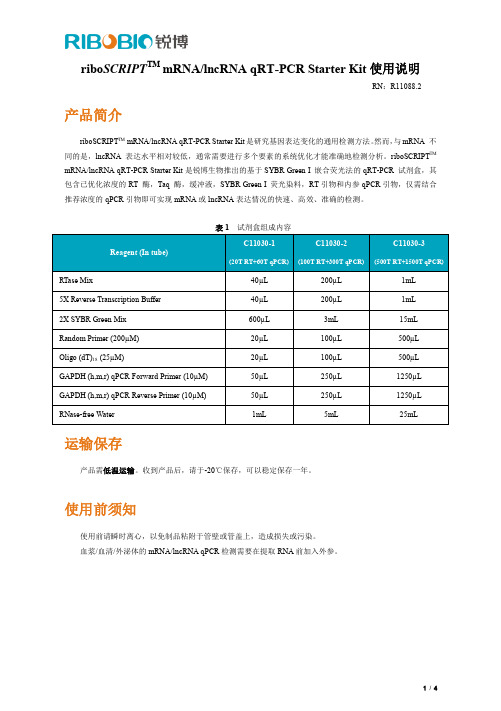 riboSCRIPTTM mRNA lncRNA qRT-PCR Starter Kit 使用说明说