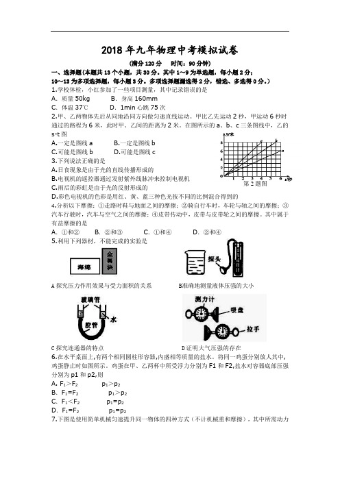 2018年九年物理中考模拟试卷
