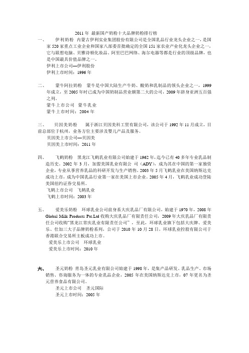 2011年 最新国产奶粉十大品牌奶粉排行榜
